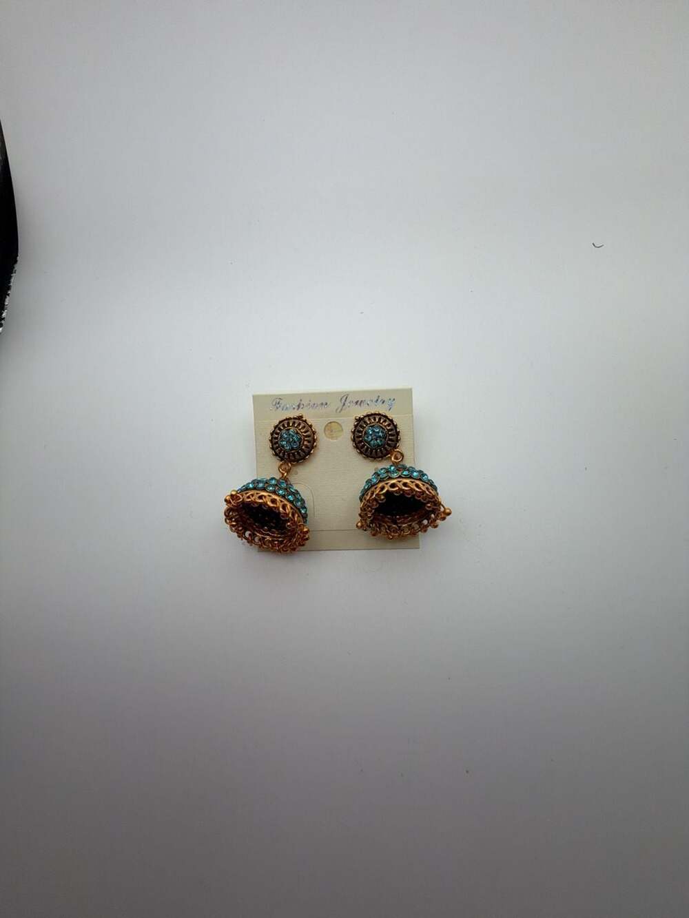 Gold Tone Blue Rhinestone Jhumka Drop Earrings